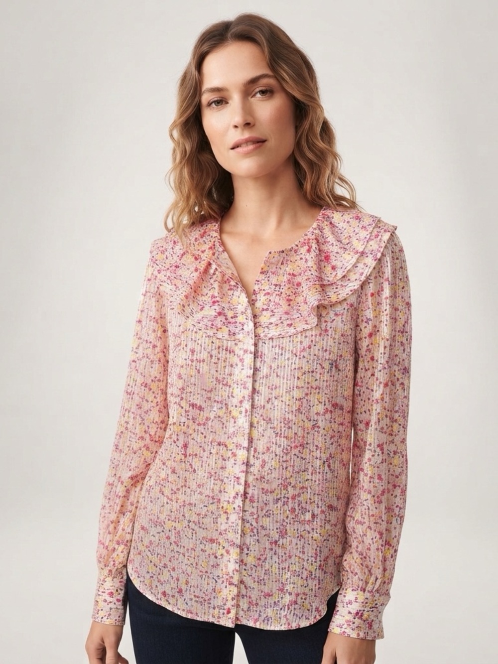 J. Crew Medium Ruffle Collar Blouse Field Day Floral Cottagecore Shimmer Fairy